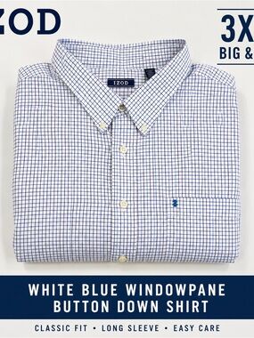 3XLT Big & Tall Izod White Blue Windowpane Button Down Shirt Long Sleeve